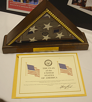 “At the request of Senate Majority Leader Harry Reid, this flag was flown over the United States Capitol on January 20, 2009 on the occasion of the inauguration of Barack Obama as the 44th President of the United States of America." 