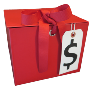 Red Box with bow and dollar sign for The Virtual Gala Fundraiser in a Box program